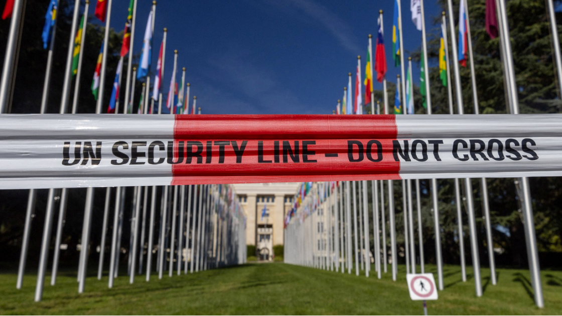 A UN security line at the United Nations European headquarters during the Human Rights Council in Geneva, Switzerland, September 11, 2023. 