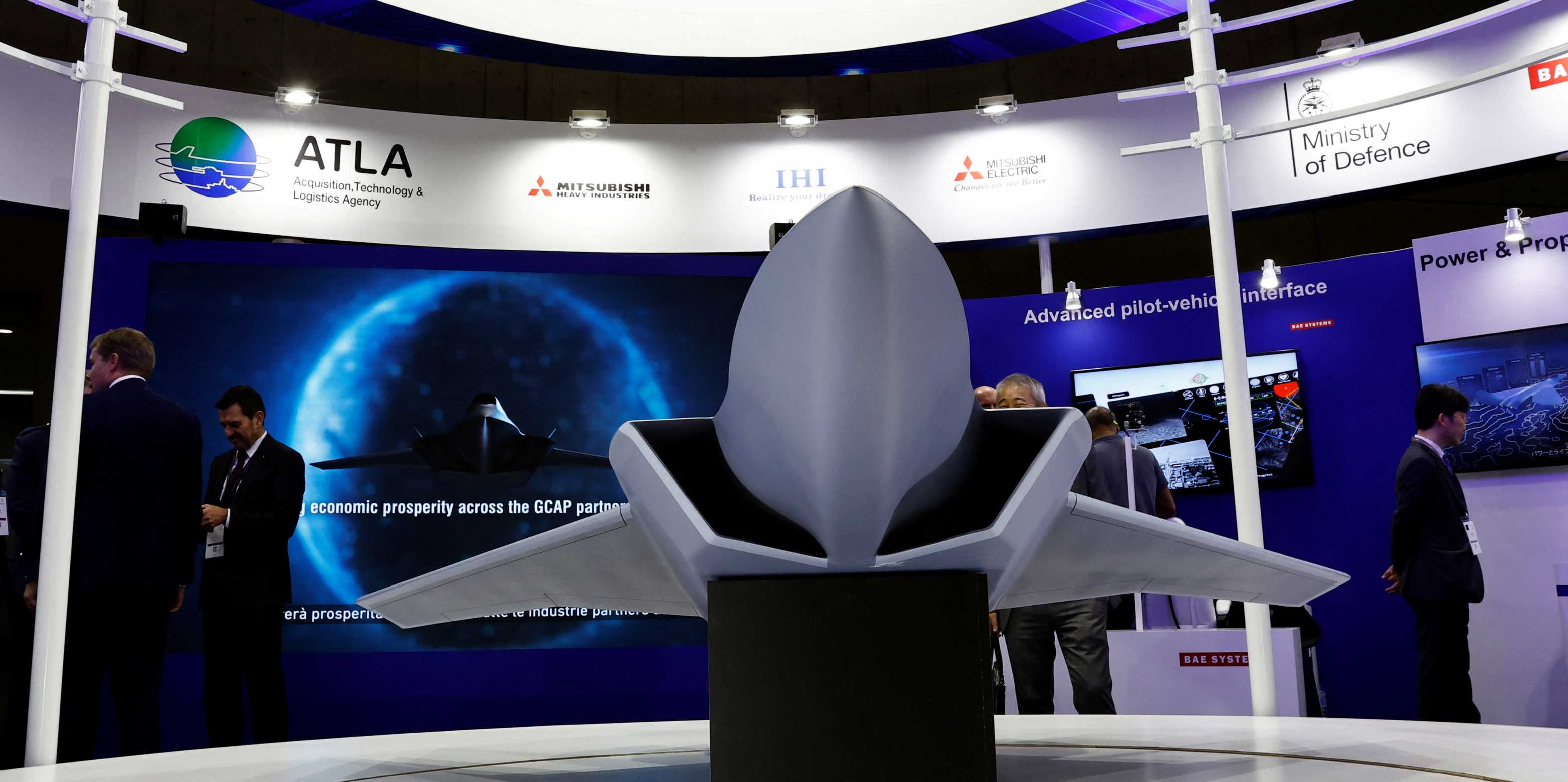 A concept model of the Global Combat Air Programme (GCAP) fighter jet on display at the DSEI Japan defense show in Tokyo, March 2023.